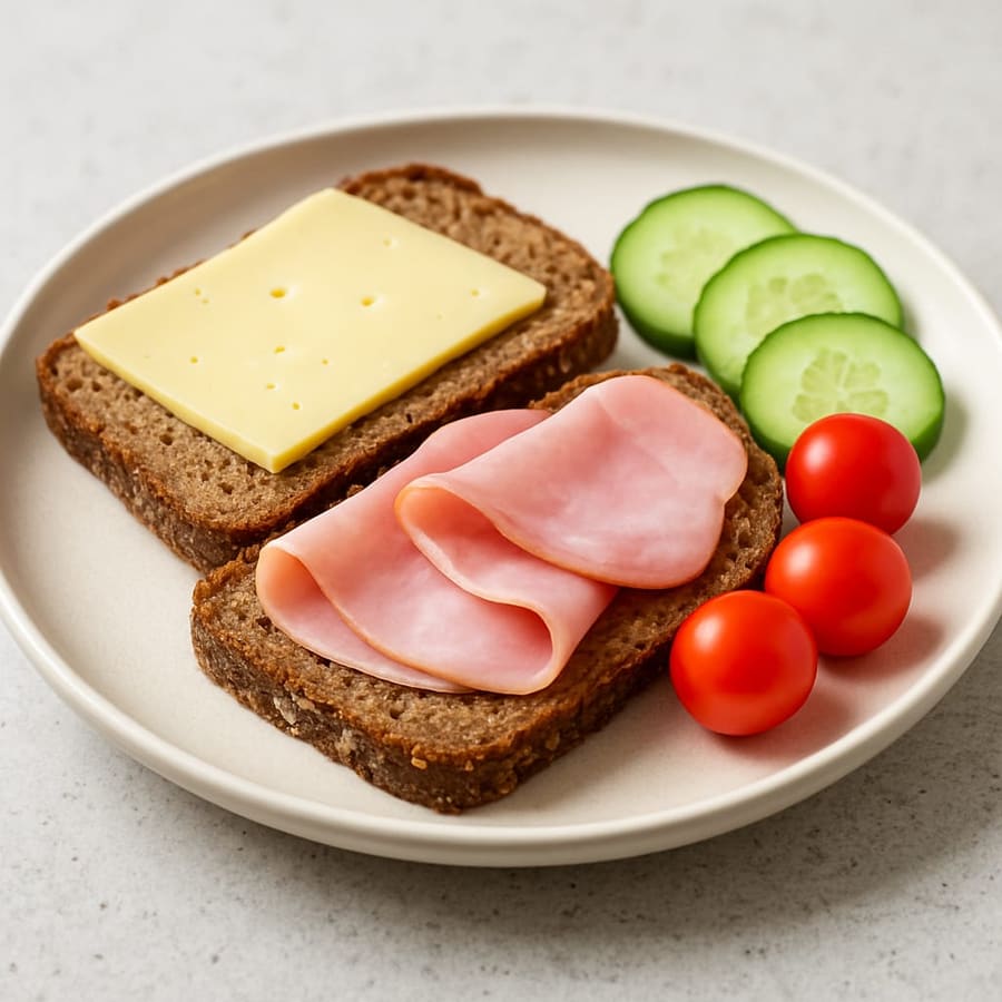 Abendbrot: Vollkornbrot mit Käse, Aufschnitt und Gemüse