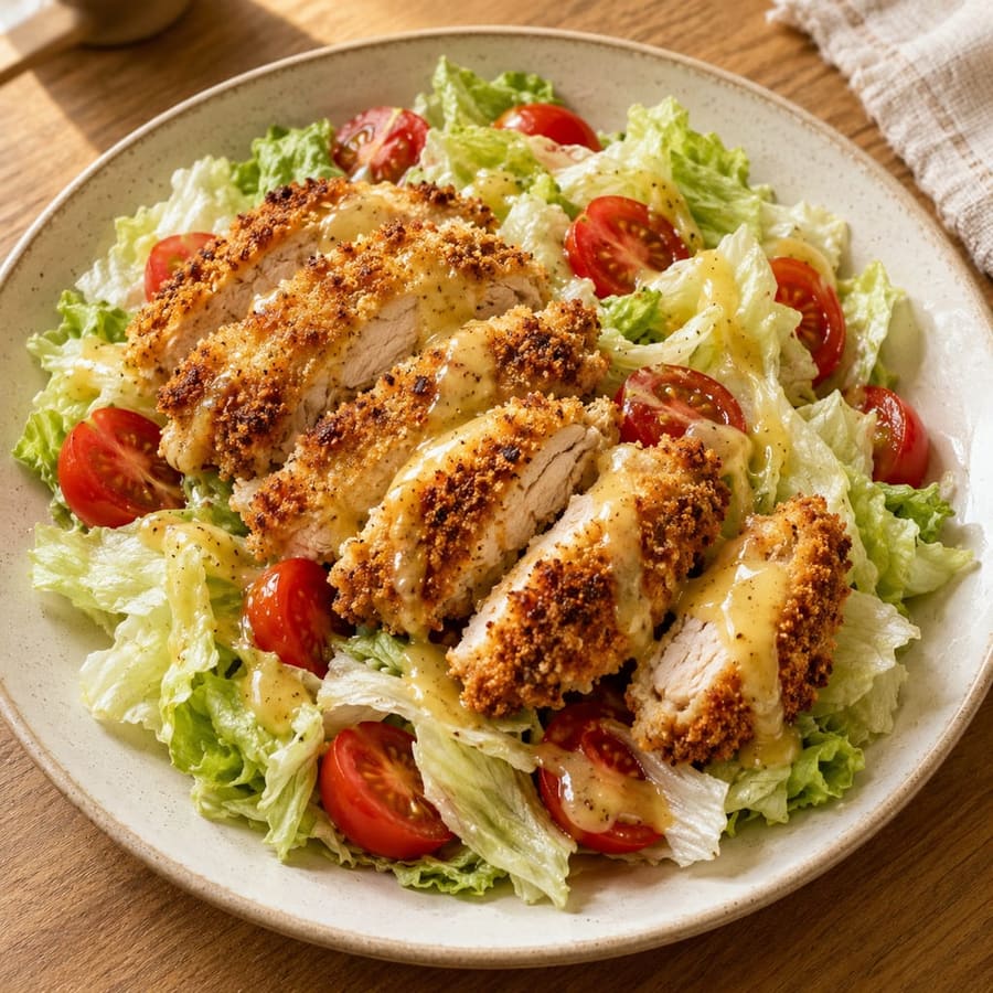 Knuspriges Airfryer-Hähnchen auf Honig-Senf-Salat