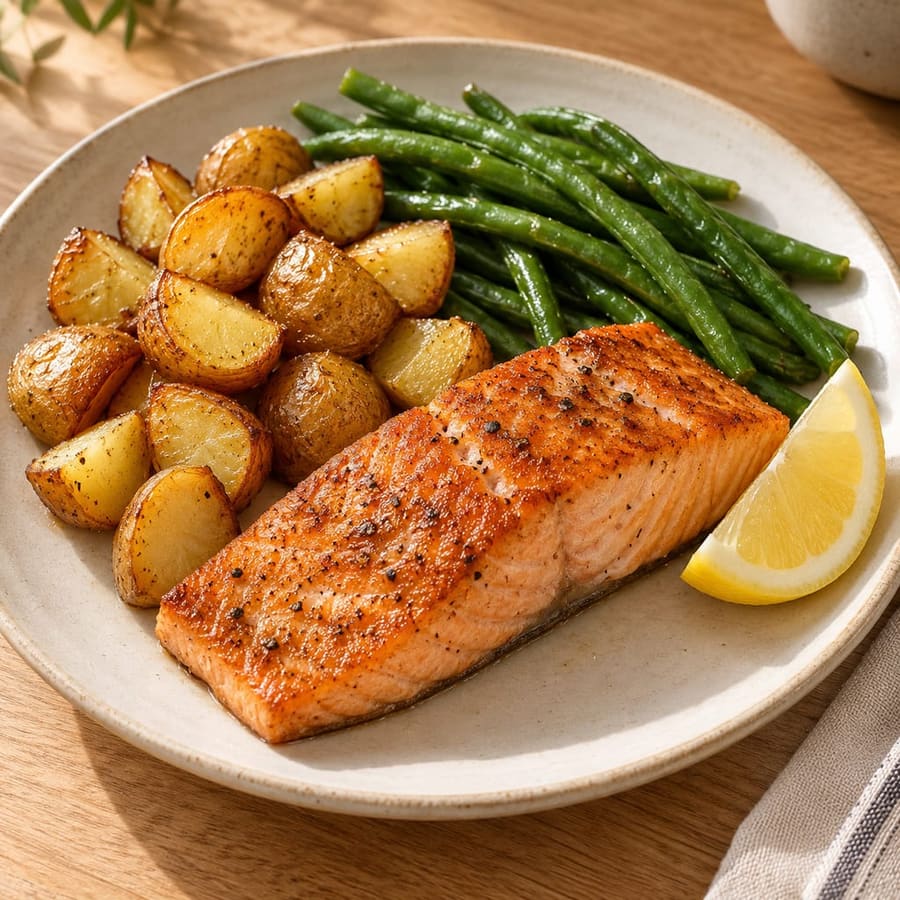 Zitronen-Knoblauch-Lachs aus dem Airfryer mit grünen Bohnen und Kartoffeln