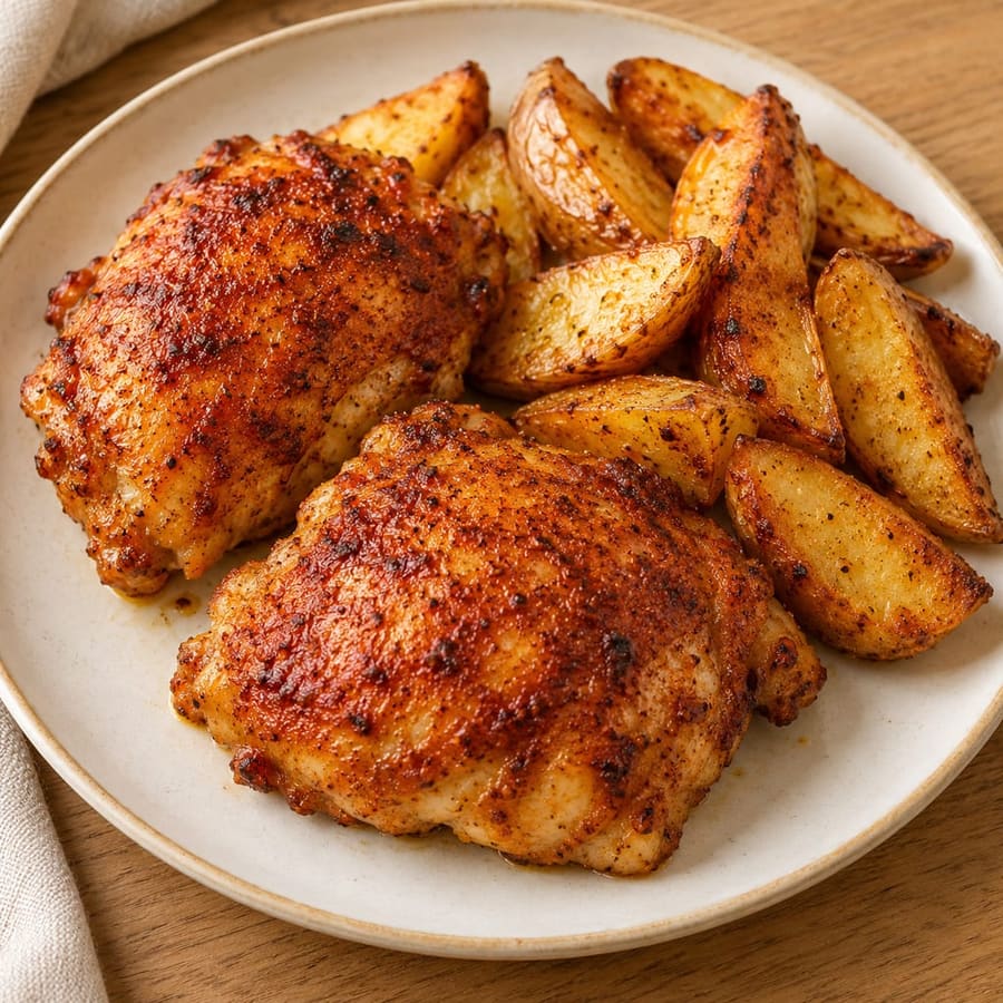 Paprika-Hähnchenschenkel mit goldenen Airfryer-Kartoffeln