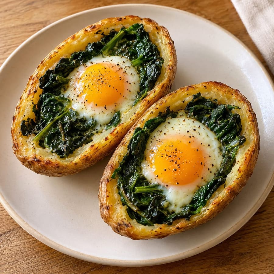 Patata in friggitrice ad aria con uovo e spinaci