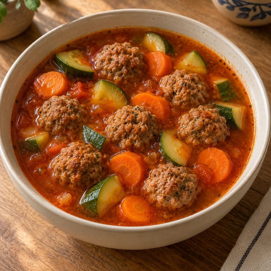 Boulettes mexicaines en bouillon tomate-piment, carottes et courgettes