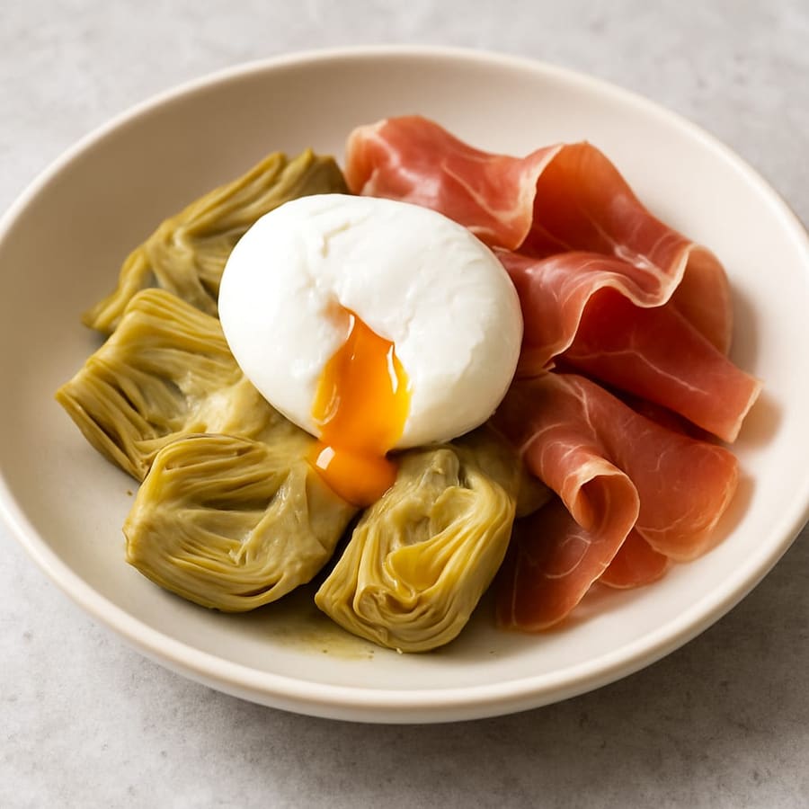 Alcachofas con jamón y huevo poché
