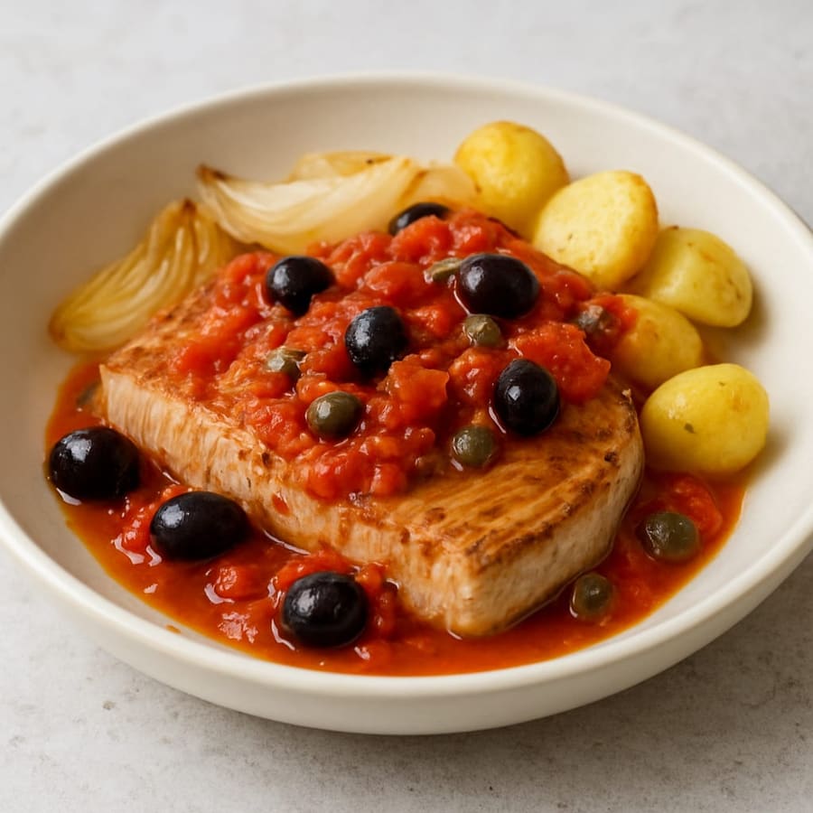 Thunfischsteak auf sizilianische Art mit Tomaten, Oliven und Kapern