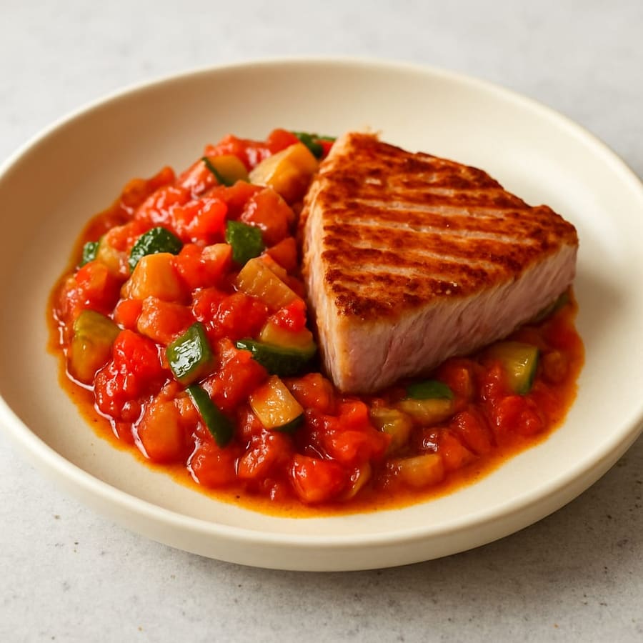 Gebratenes Thunfischsteak mit Pisto