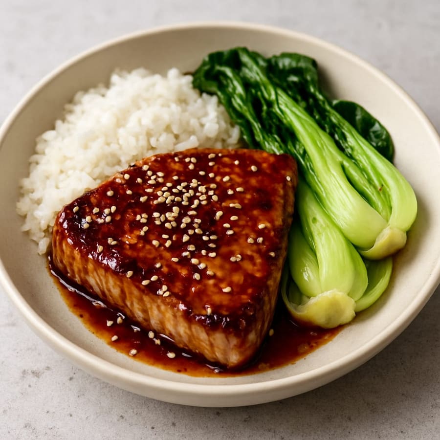 Soy and sesame tuna steak with rice and pak choi