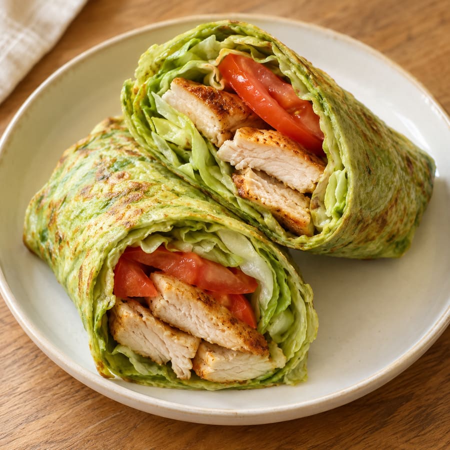 Avocado-Ei-Wrap mit Hähnchen, Tomate und Salat