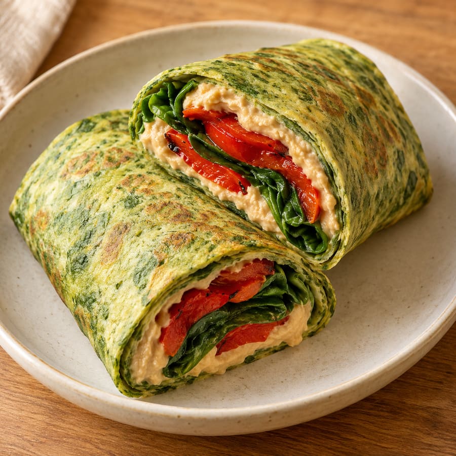Avocado-Ei-Wrap mit Hummus, gerösteter Paprika und Babyspinat