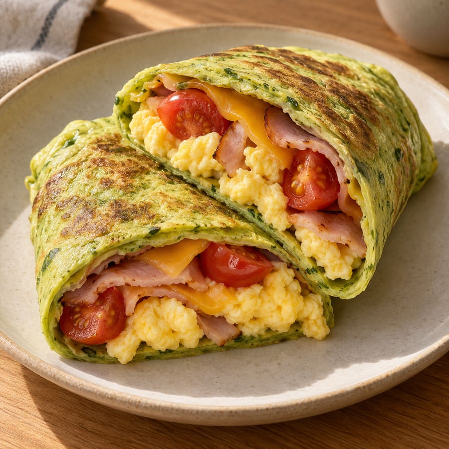 Avocado-Ei-Wrap mit Rührei, Schinken und Käse