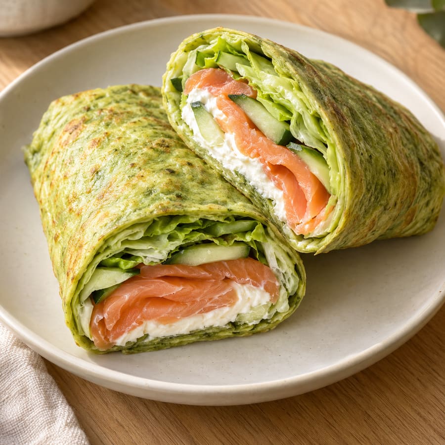 Avocado-Ei-Wrap mit Räucherlachs, Frischkäse, Gurke und Salat