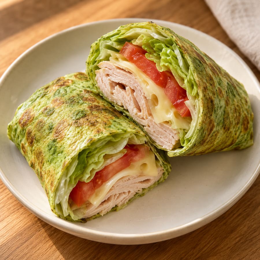 Avocado-Ei-Wrap mit Putenbrust, Käse, Salat und Tomate