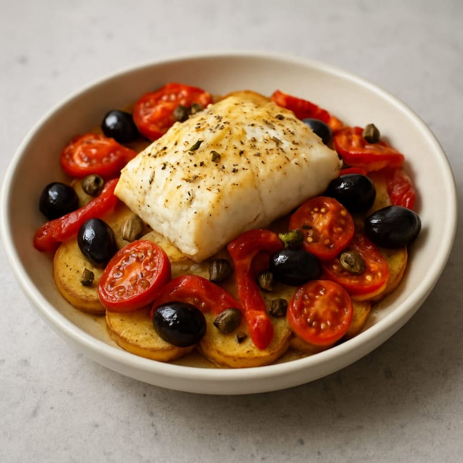 Ofen-Kabeljau mit Paprika, Oliven und Kapern