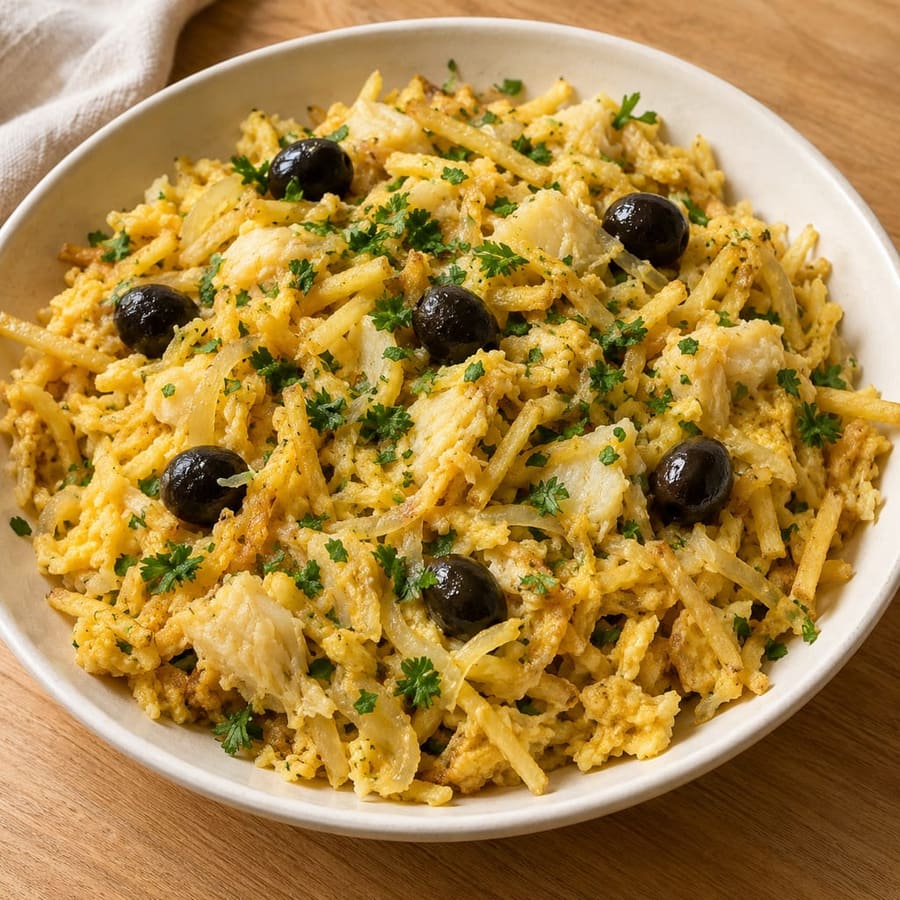 Bacalhau à Brás (Kabeljau mit Ei und Kartoffelstroh)