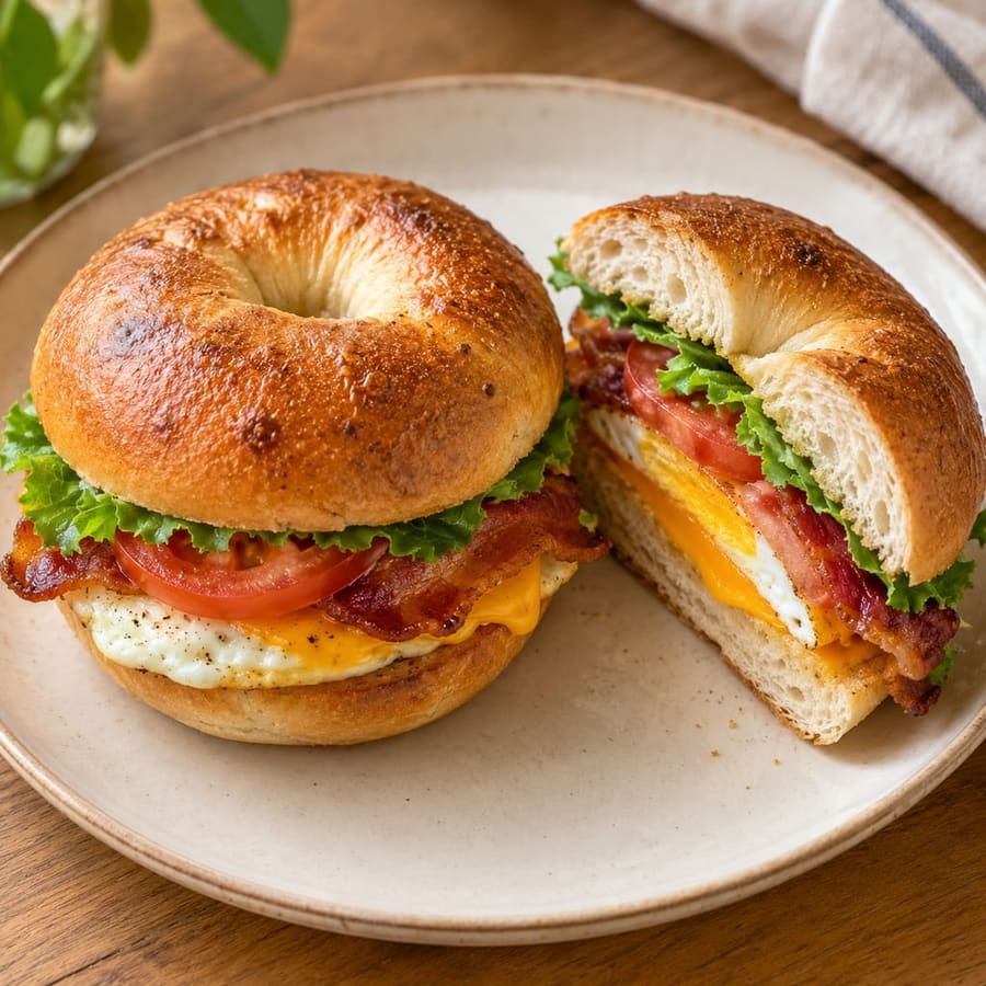 Bagel tostato con uovo, bacon e cheddar fuso