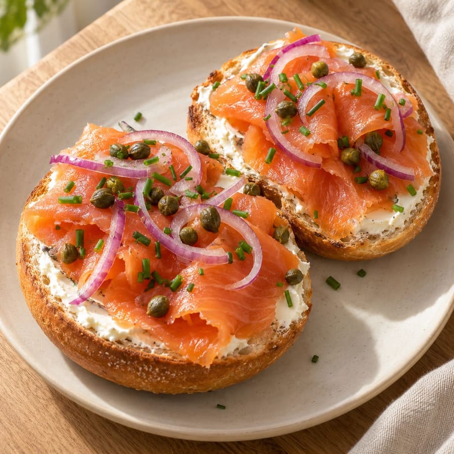Bagel al salmone affumicato con formaggio spalmabile, cipolla rossa e capperi