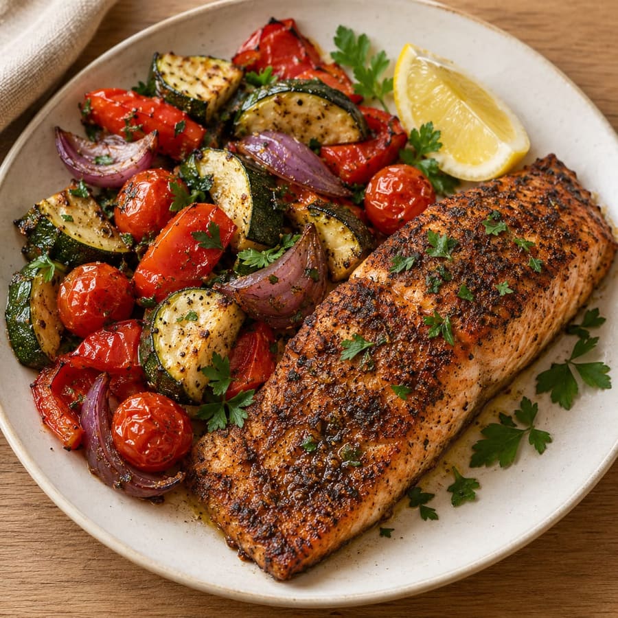 Baharat-Lachs mit Ofengemüse und Zitrone