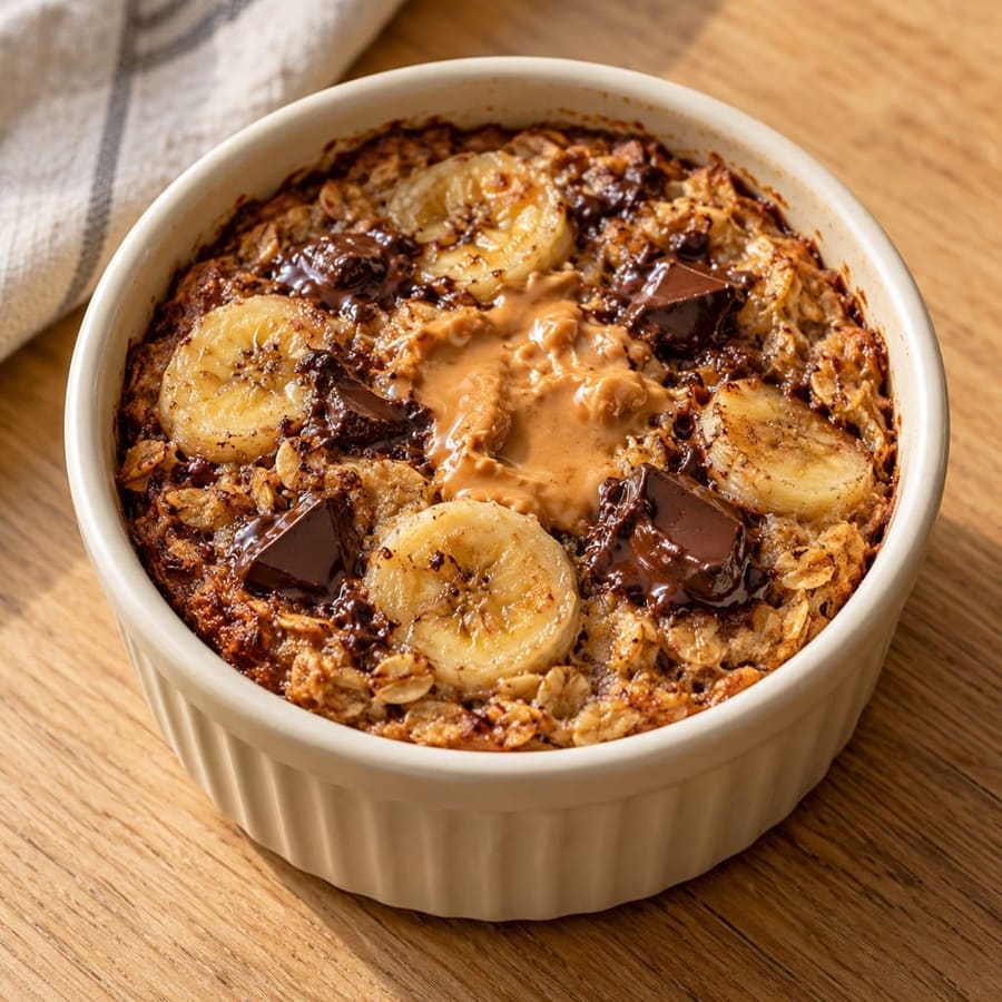 Avena al forno per colazione con banana, arachidi e cioccolato