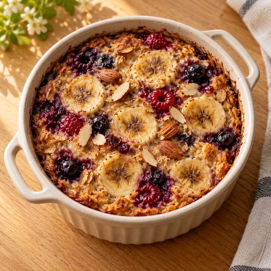 Baked oats con banana e frutti di bosco