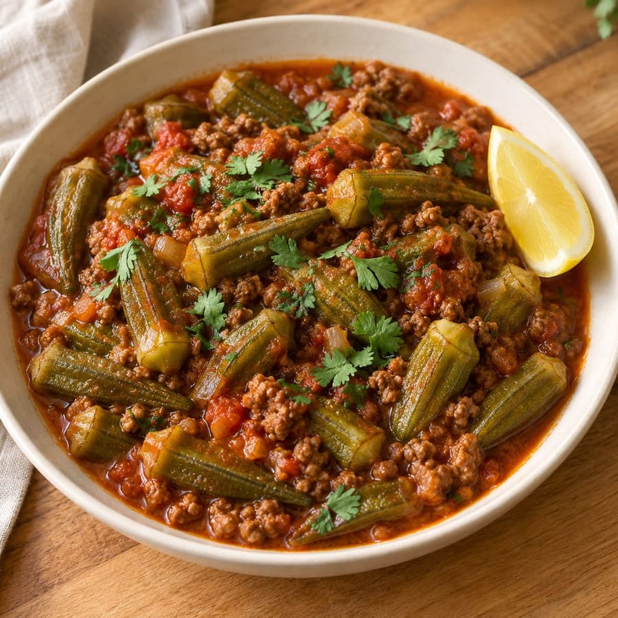 Bamia (Okra-Eintopf) mit Rinderhack und Tomaten