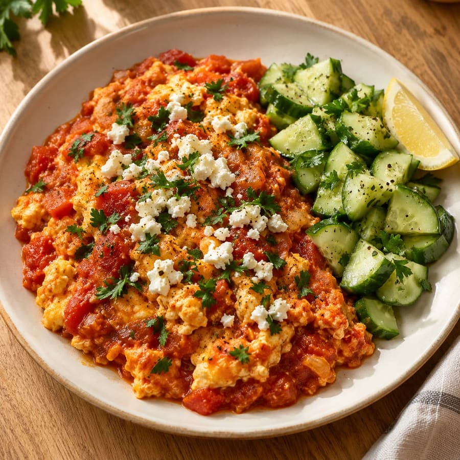 Bayd bil Tamatem (Rührei mit Tomaten) und Gurkensalat
