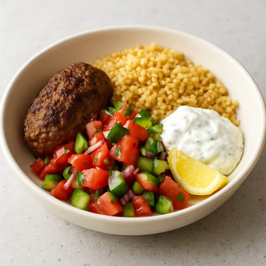 Kofta-Bowl mit Bulgur, Tomaten-Gurken-Salat und Joghurtsauce