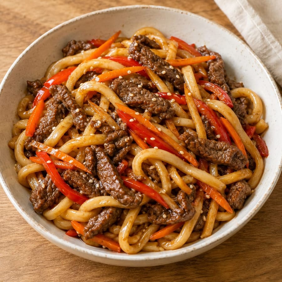 Udon-Wok mit Rind, Soja und Sesam