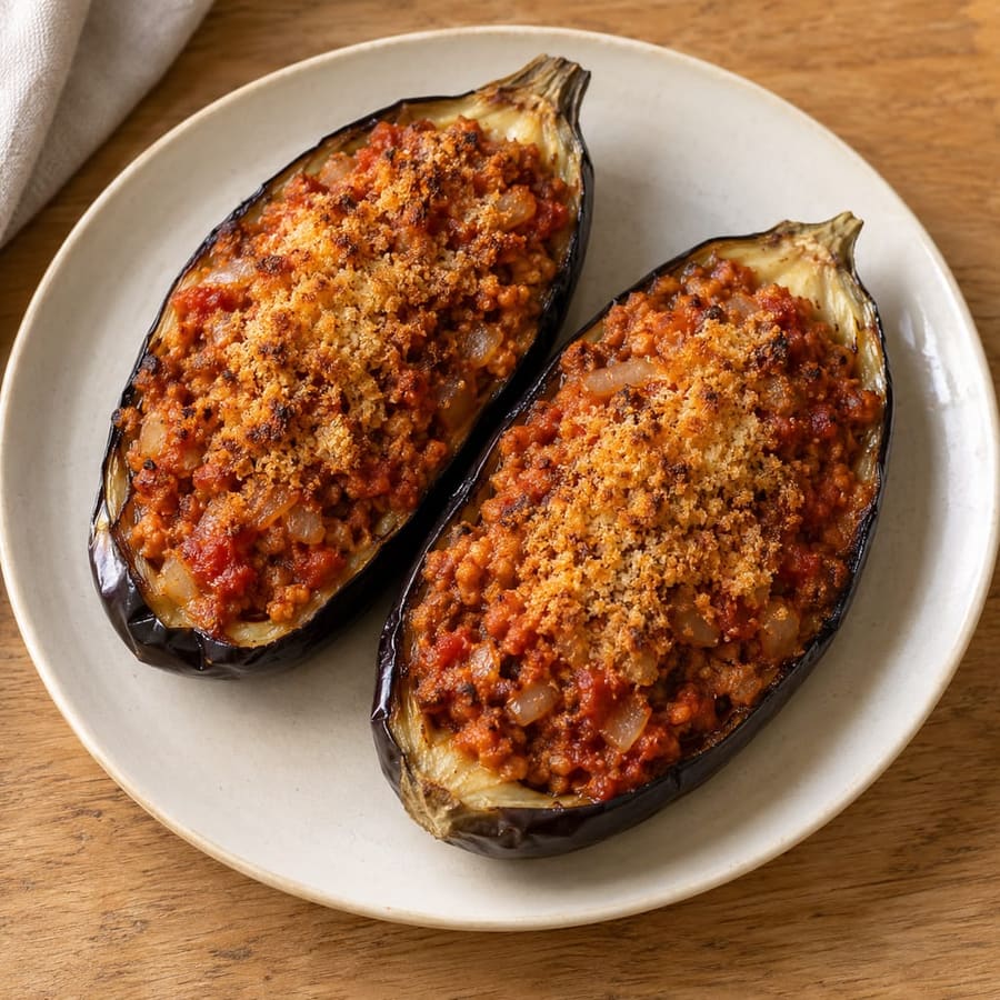 Gefüllte Auberginen aus dem Ofen mit Sojagranulat, Tomate und Zwiebel