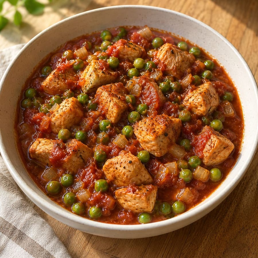 Putenwürfel mit Erbsen und Tomate (Bocconcini di tacchino)