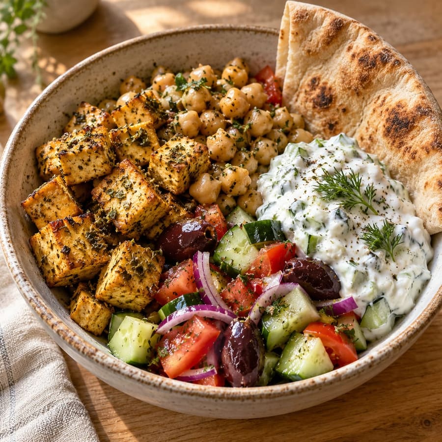 Griechische Tofu-Bowl mit Kichererbsen, Gurke und Soja-Tzatziki