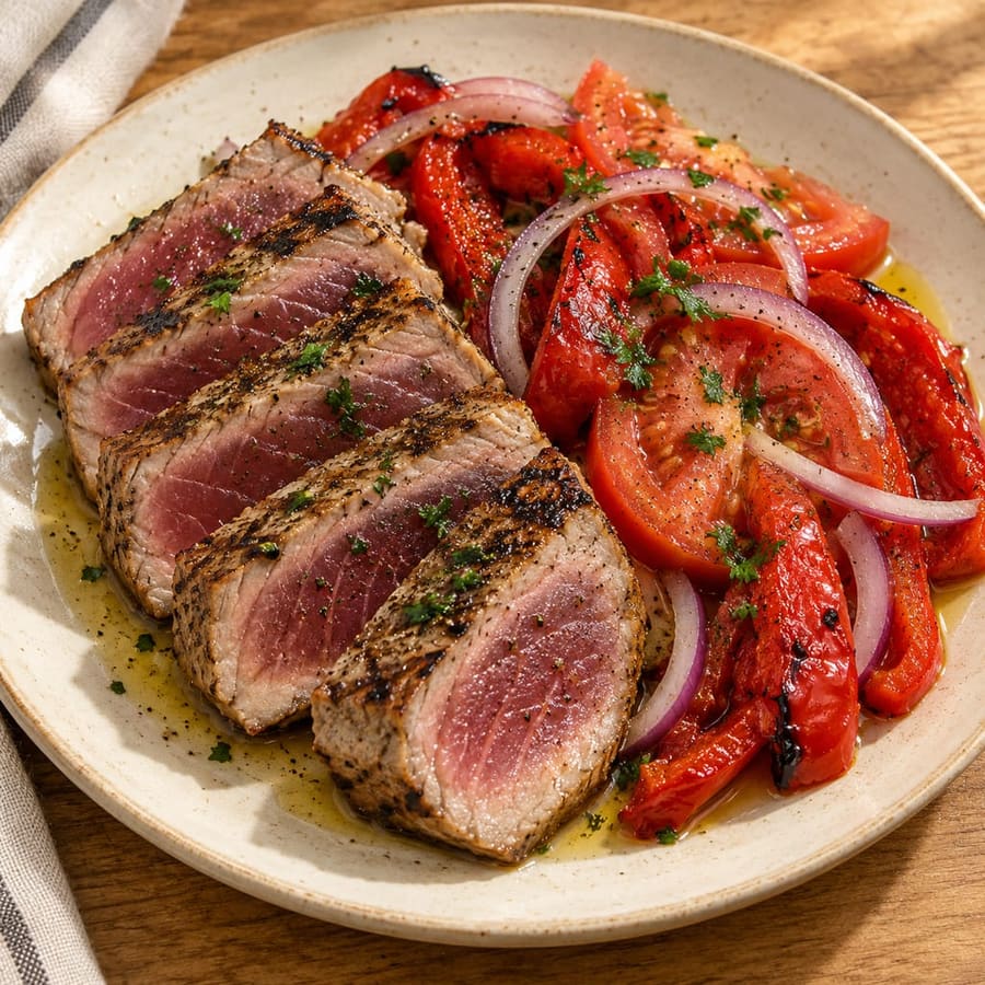 Gegrillter Weißer Thunfisch (Bonito) mit Salat aus gerösteter Paprika und Tomate