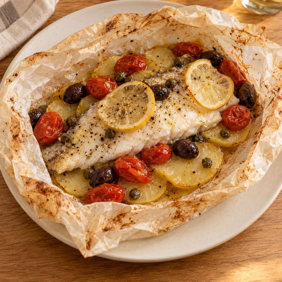 Wolfsbarsch im Backpapier mit Kartoffeln, Tomaten und Oliven