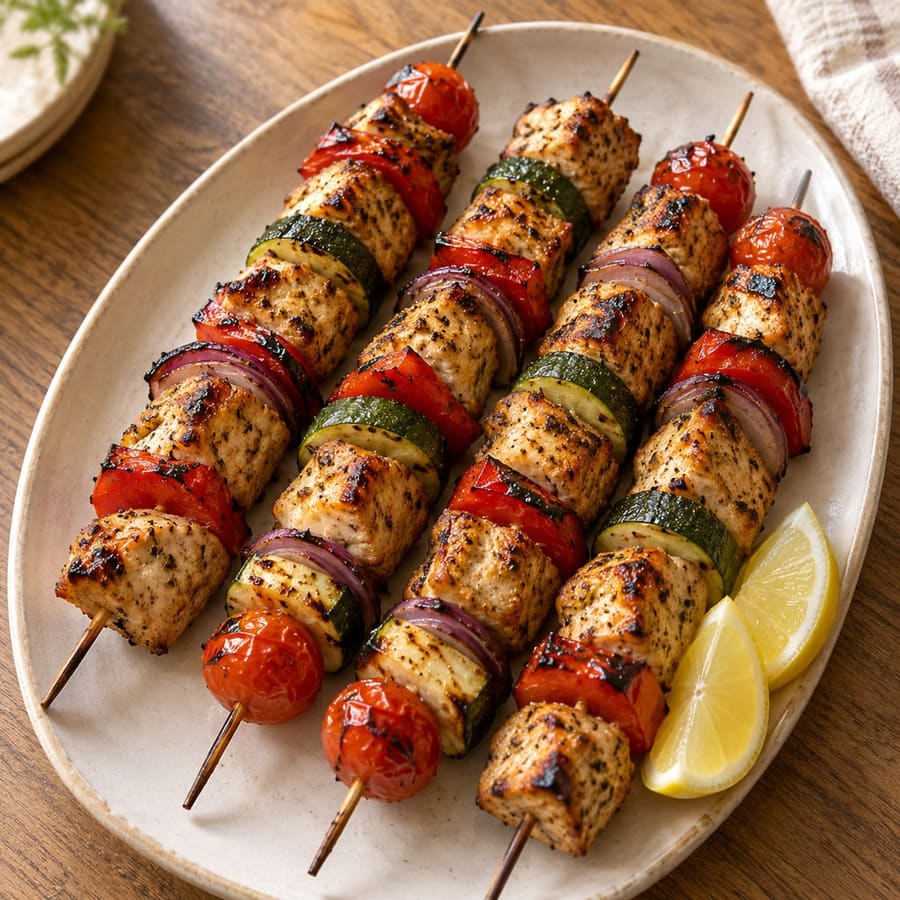 Putenspieße mit Gemüse, Zitrone und Paprika