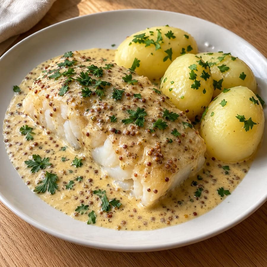 Kabeljau in Dijon-Senfsauce mit Salzkartoffeln
