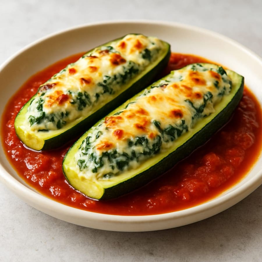 Überbackene Zucchini mit Ricotta-Spinat-Füllung