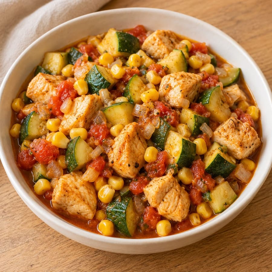 Calabacitas con Pollo: mexikanische Zucchini-Mais-Tomaten-Pfanne mit Hähnchen