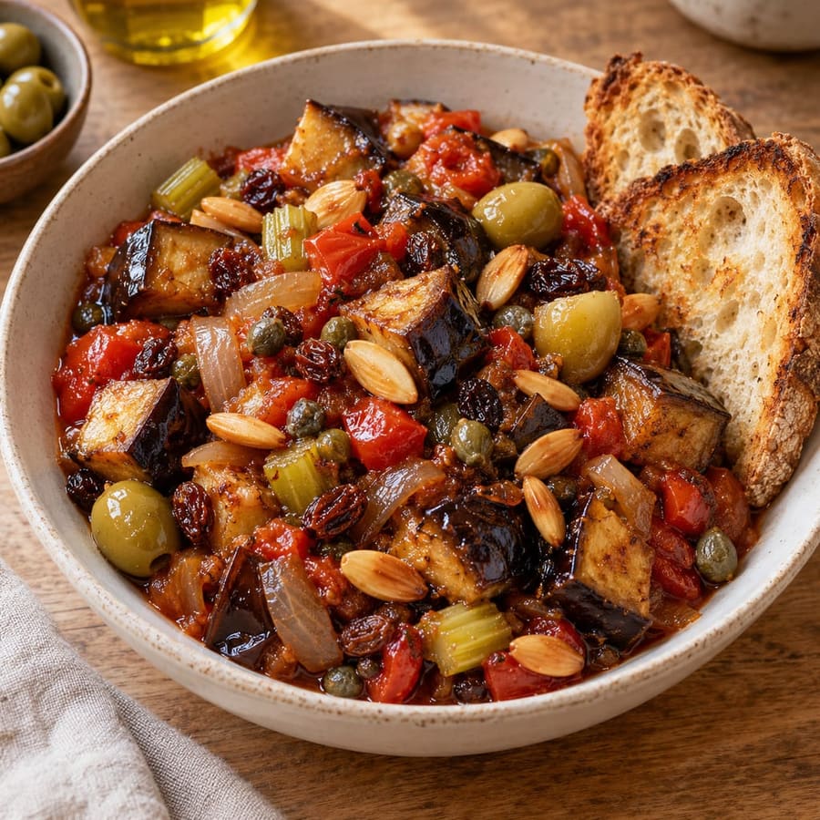 Sizilianische Caponata: süß-saure Aubergine mit geröstetem Brot (vegan)