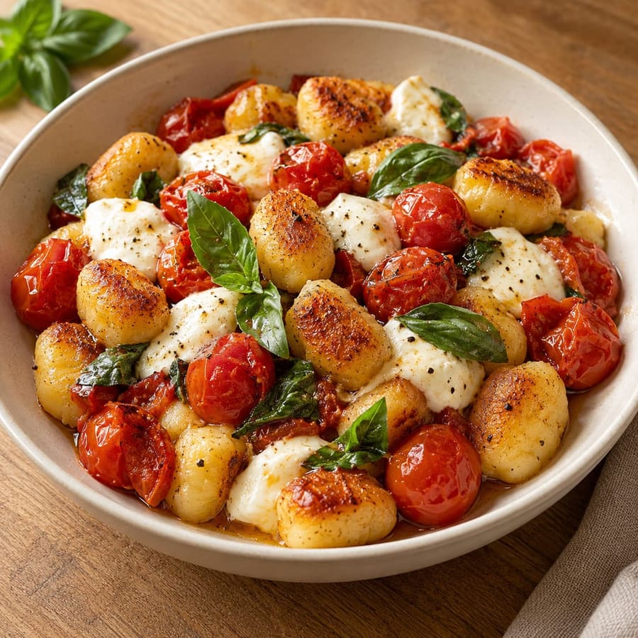 Knusprige Caprese-Gnocchi mit Kirschtomaten, Mozzarella und Basilikum