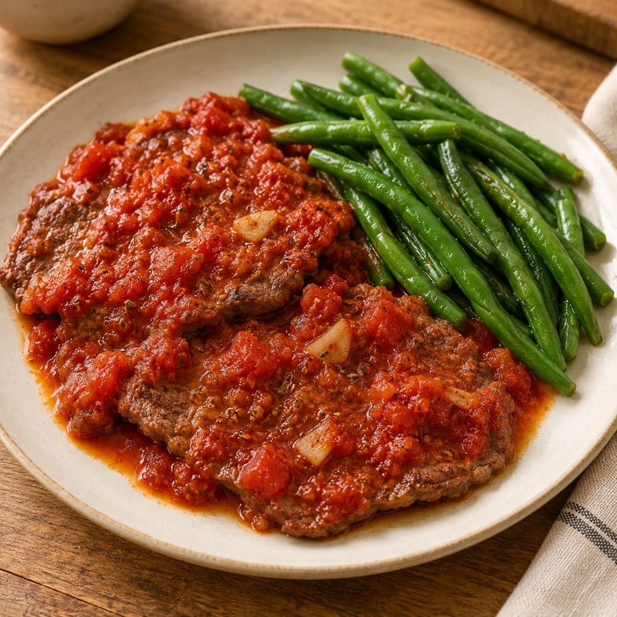 Rindfleisch alla pizzaiola mit Tomate und Oregano, dazu grüne Bohnen