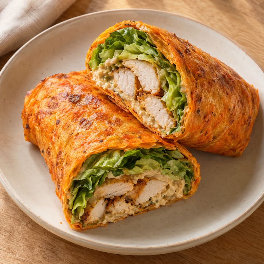 Karotten-Käse-Wrap mit Hähnchen, Hummus und Salat