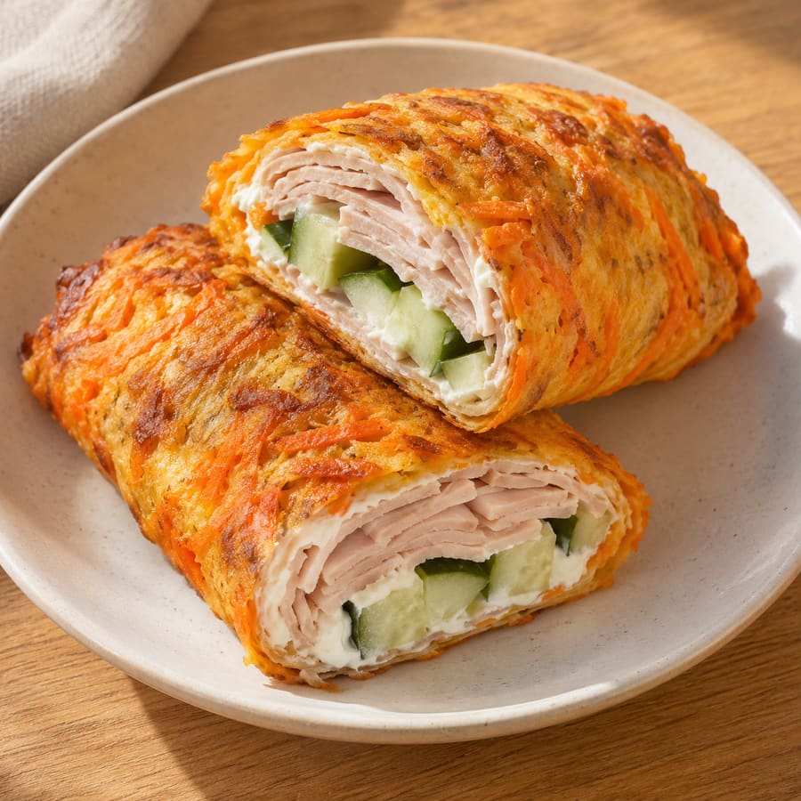 Karotten-Käse-Wrap mit Pute, Frischkäse und Gurke