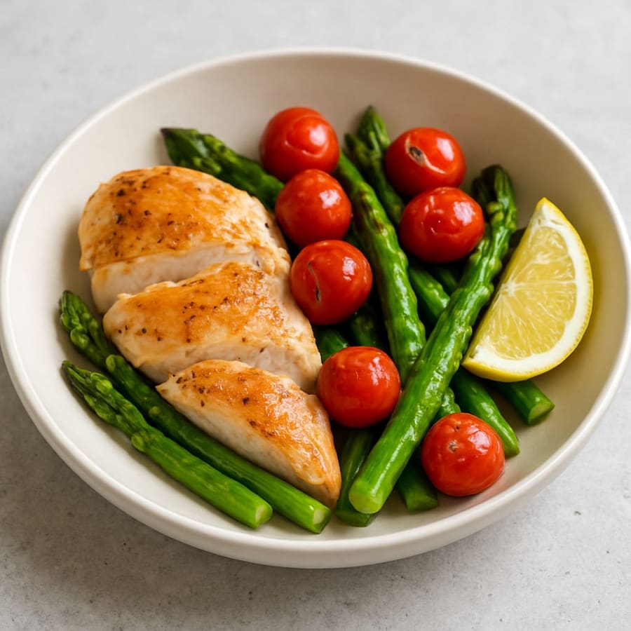 Hähnchen mit Spargel und Kirschtomaten