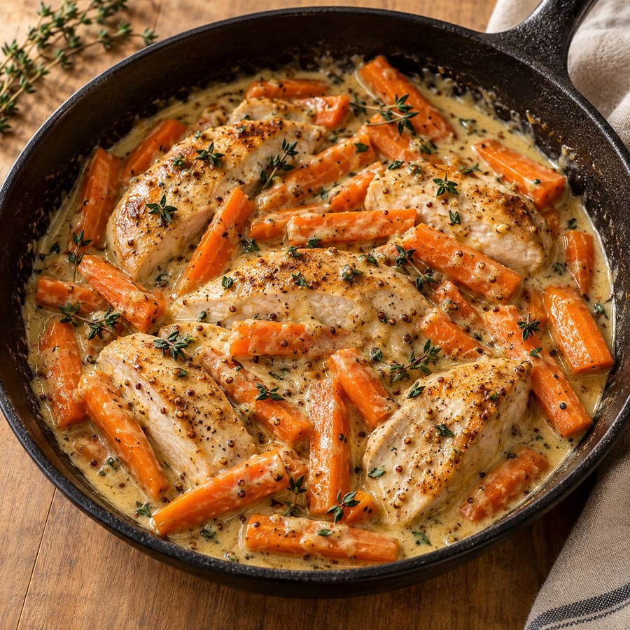 Hähnchen mit Karotten in Senf-Joghurt-Sauce