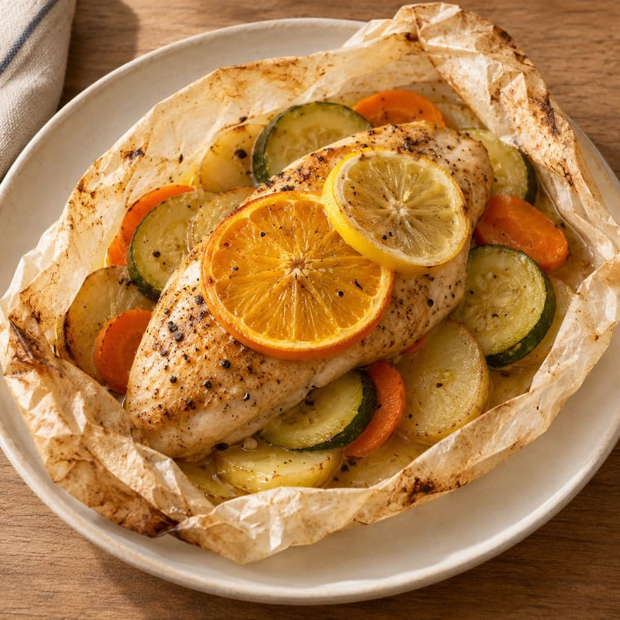 Zitrus-Hähnchen en papillote mit Zucchini, Karotte und Thymian