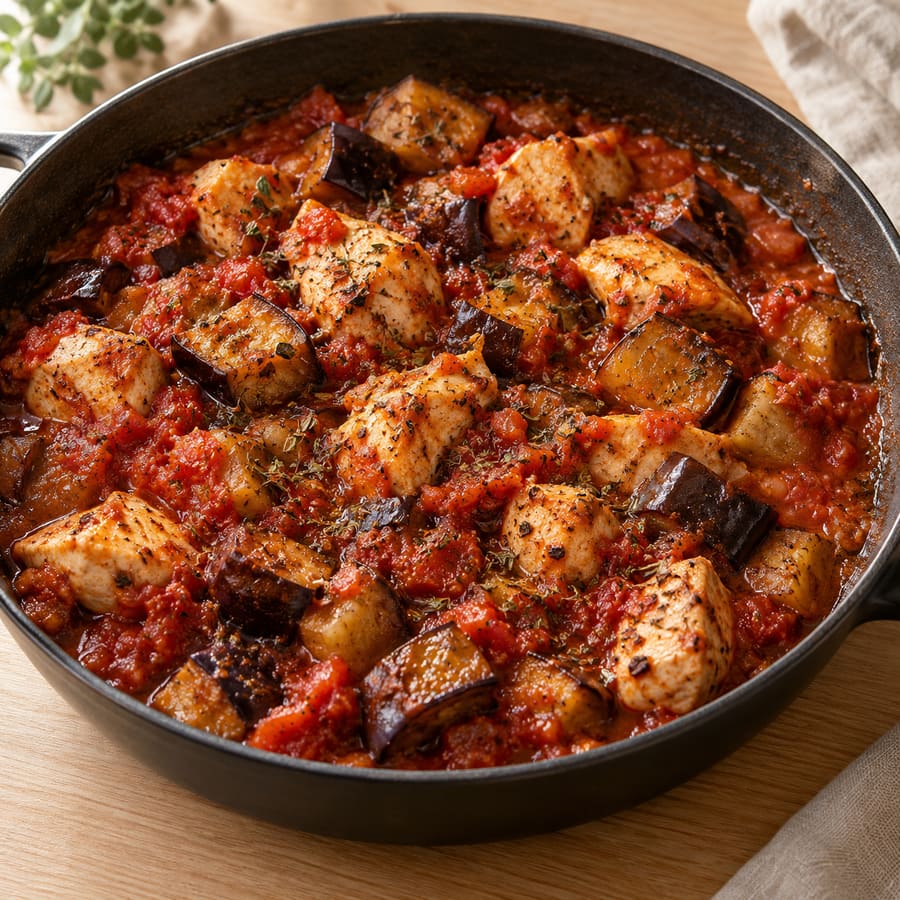 Hähnchen mit Aubergine in Tomaten-Oregano-Sauce