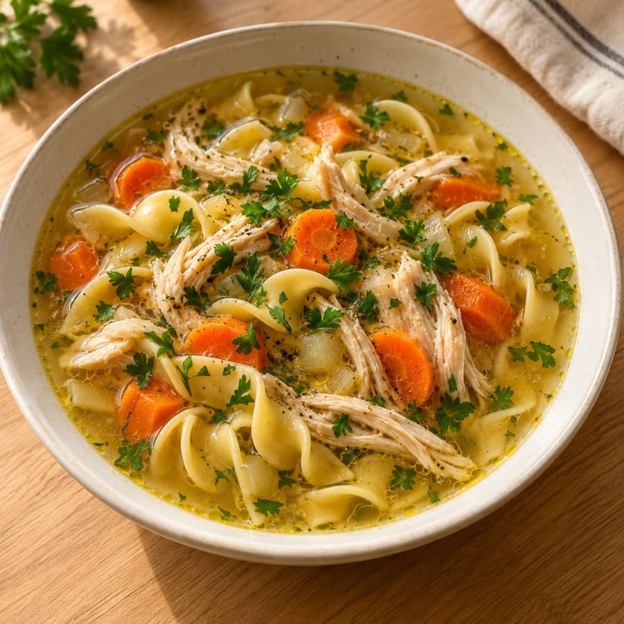 Hühnersuppe mit Nudeln, Karotte und frischer Petersilie