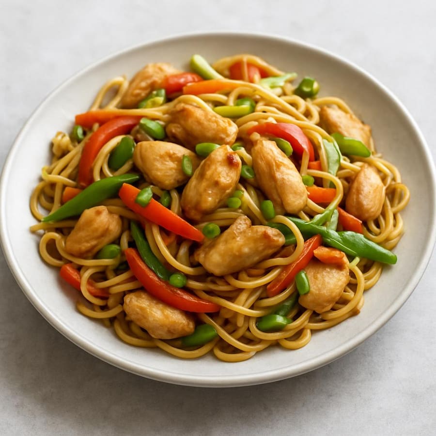 Gebratene Nudeln mit Hähnchen