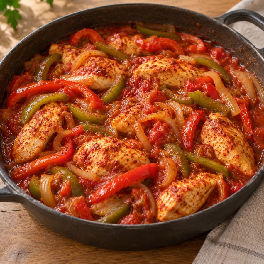 Hähnchen mit Paprika und Zwiebeln in Tomatensauce