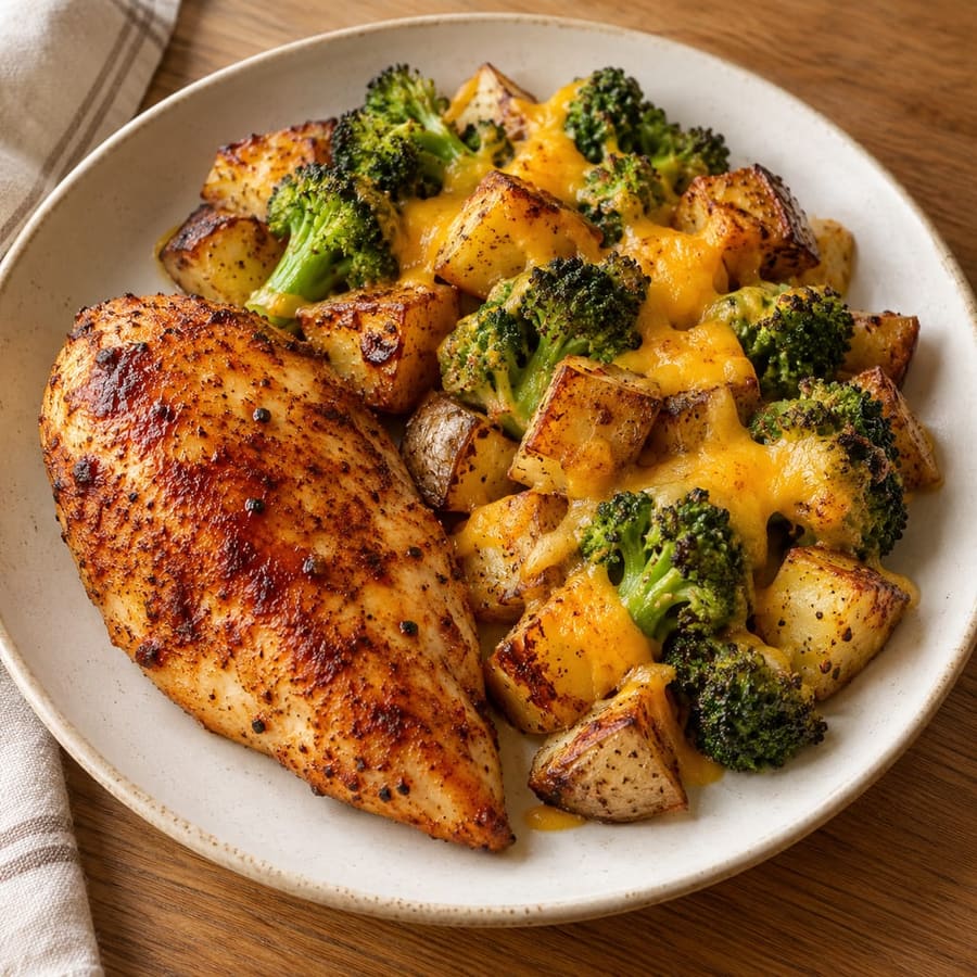 Chicken & potato tray bake with broccoli and cheddar