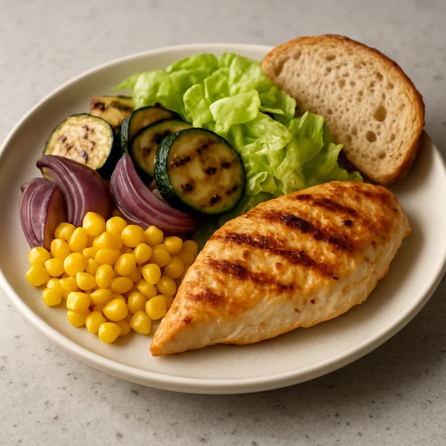 Hähnchensalat mit Mais, gegrillter Zucchini und Zwiebel