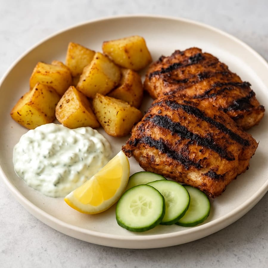 Gegrillte Hähnchenschenkel mit Tzatziki und Kartoffeln